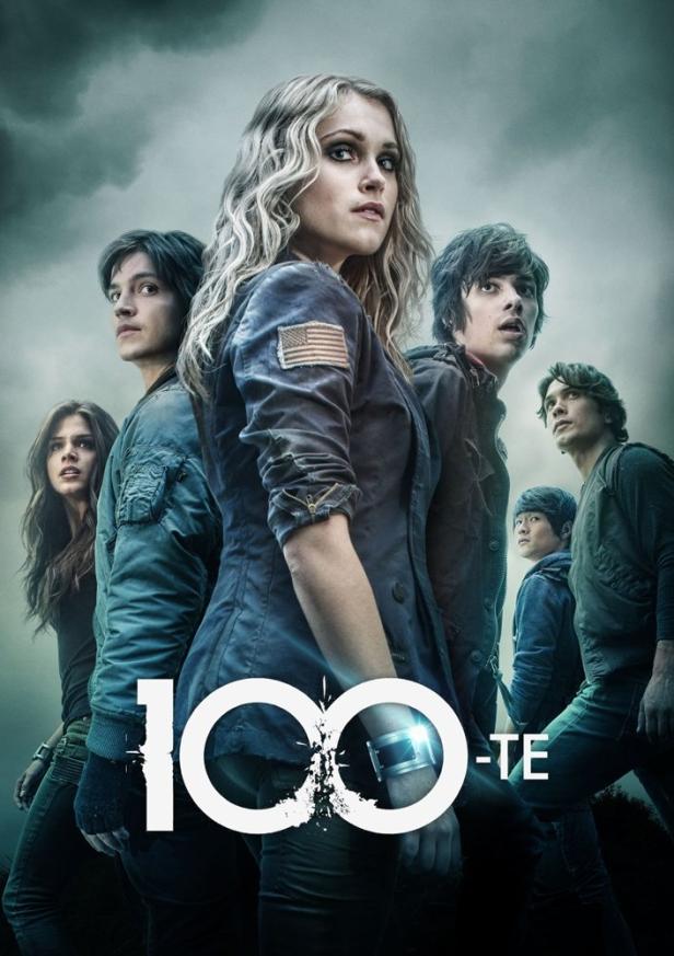Das Gruppenposter für die Fernsehserie „The 100“ zeigt eine Gruppe junger Erwachsener vor einem düsteren Himmel.