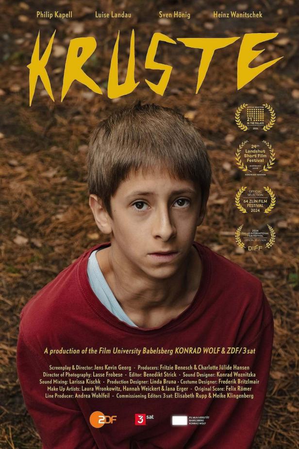 Das Filmplakat für „Kruste“ zeigt das Porträt eines jungen Mannes.