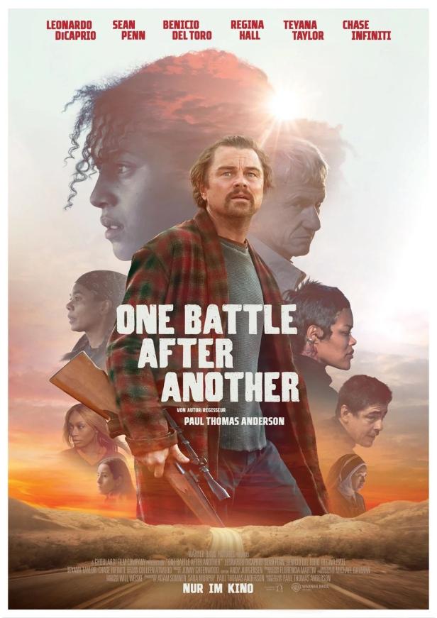 Das Filmplakat für „One Battle After Another“ mit Leonardo DiCaprio und anderen Schauspielern.
