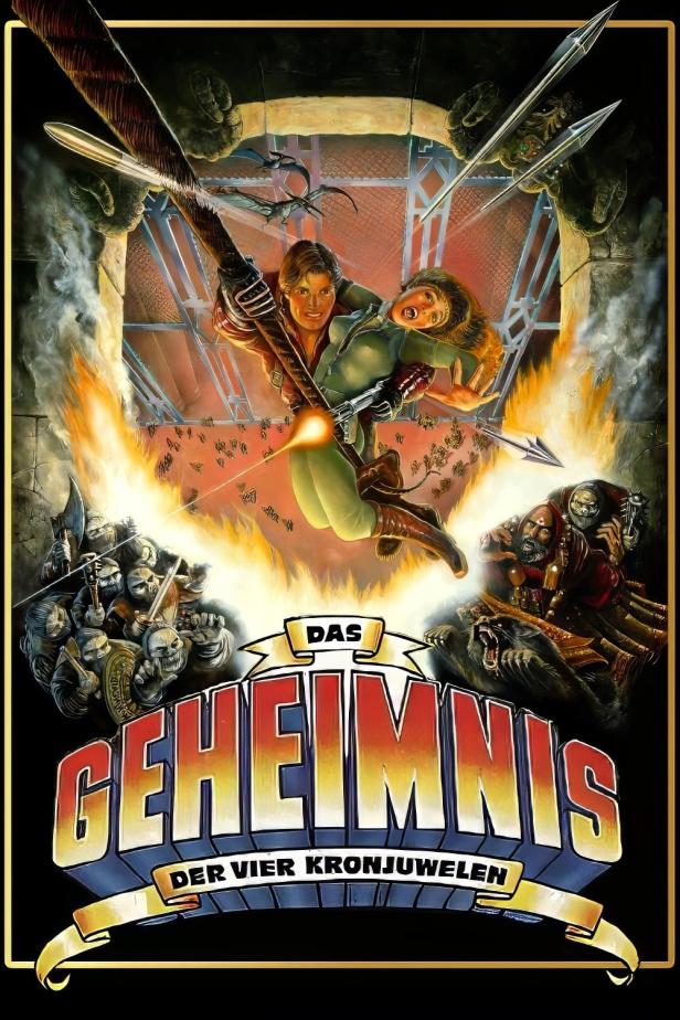 Ein Mann rettet eine Frau vor Monstern und Pfeilen auf dem Cover von „Das Geheimnis der vier Kronjuwelen“.