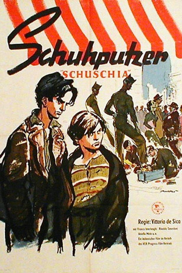 Das Filmplakat für „Schuhputzer“ zeigt zwei Jungen und eine Straßenszene.