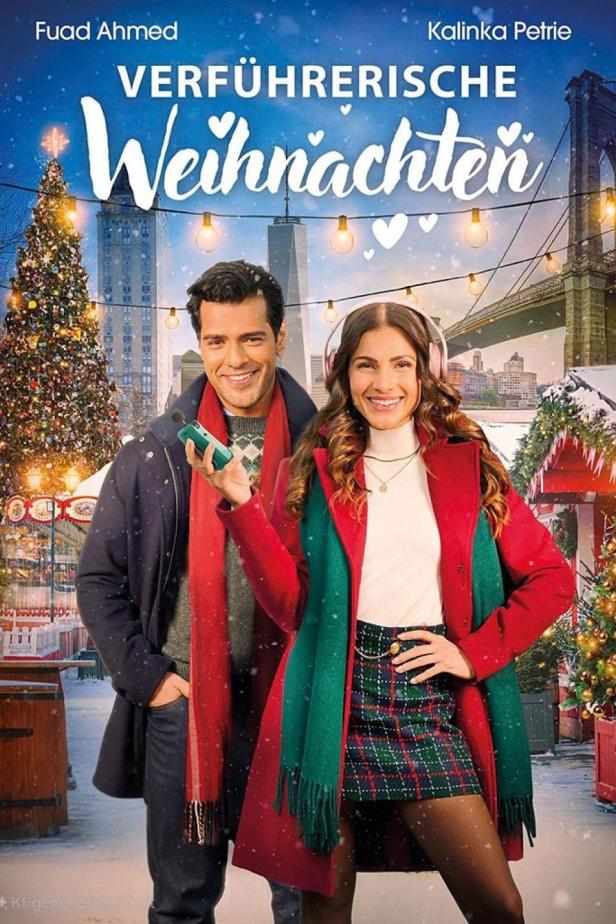 Das Filmplakat für „Verführerische Weihnachten“ zeigt Fuad Ahmed und Kalinka Petrie vor einer weihnachtlichen New Yorker Kulisse.