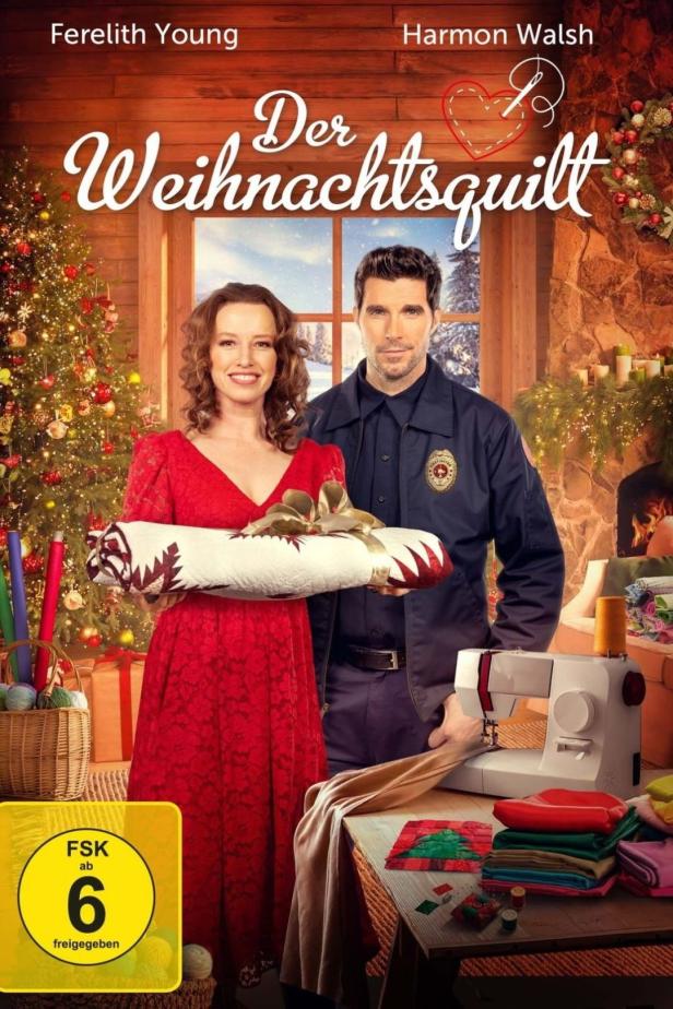 Filmposter für „Der Weihnachtsquilt“ mit Ferelith Young und Harmon Walsh vor weihnachtlichem Hintergrund.