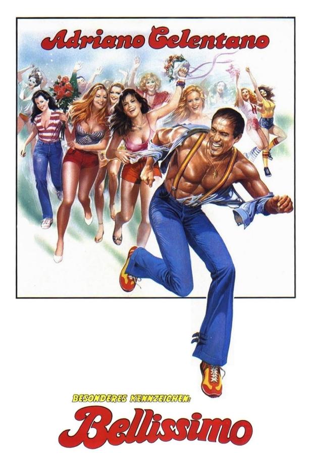 Das Filmplakat zu „Bellissimo“ zeigt Adriano Celentano, der von einer Gruppe Frauen verfolgt wird.