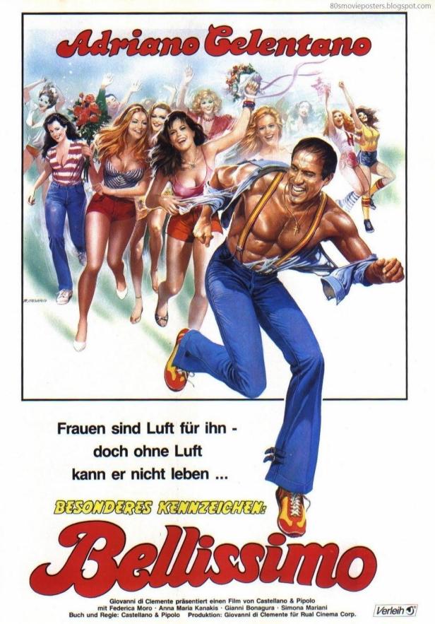 Ein Filmposter für „Bellissimo“ mit Adriano Celentano, der von einer Gruppe Frauen verfolgt wird.