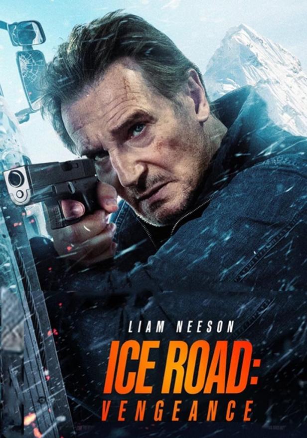 Liam Neeson zielt mit einer Pistole auf dem Filmplakat zu „Ice Road: Vengeance“.