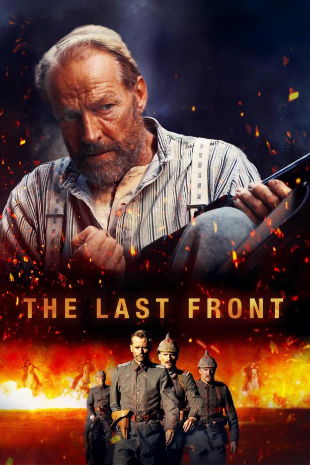 Das Filmplakat für „The Last Front“ zeigt einen Mann mit Gewehr und Soldaten im Krieg.