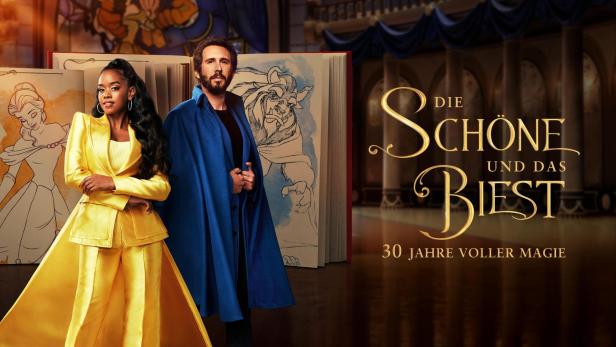 H.E.R. und Josh Groban posieren vor Illustrationen von Belle und dem Biest für „Die Schöne und das Biest: Ein 30-jähriges Jubiläum“.