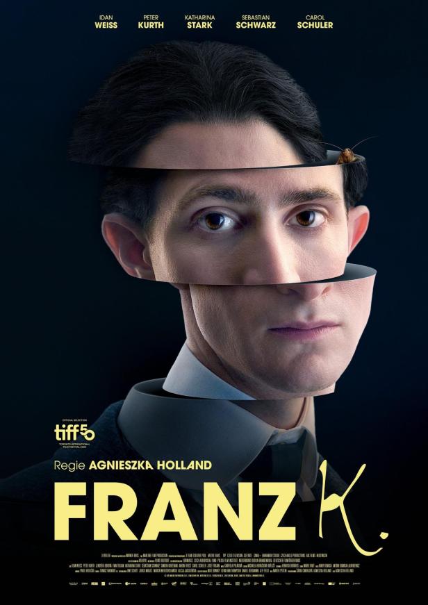 Das Filmplakat für „Franz K.“ zeigt ein zerteiltes Porträt eines Mannes mit einer Kakerlake im Haar.