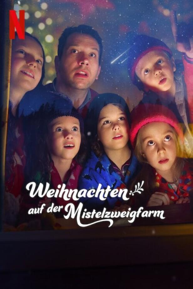 Das Filmplakat für „Weihnachten auf der Mistelzweigfarm“ zeigt eine Familie, die in den Nachthimmel schaut.