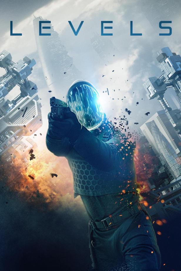 Ein futuristischer Soldat zielt mit einer Waffe in einer zerstörten Stadt.