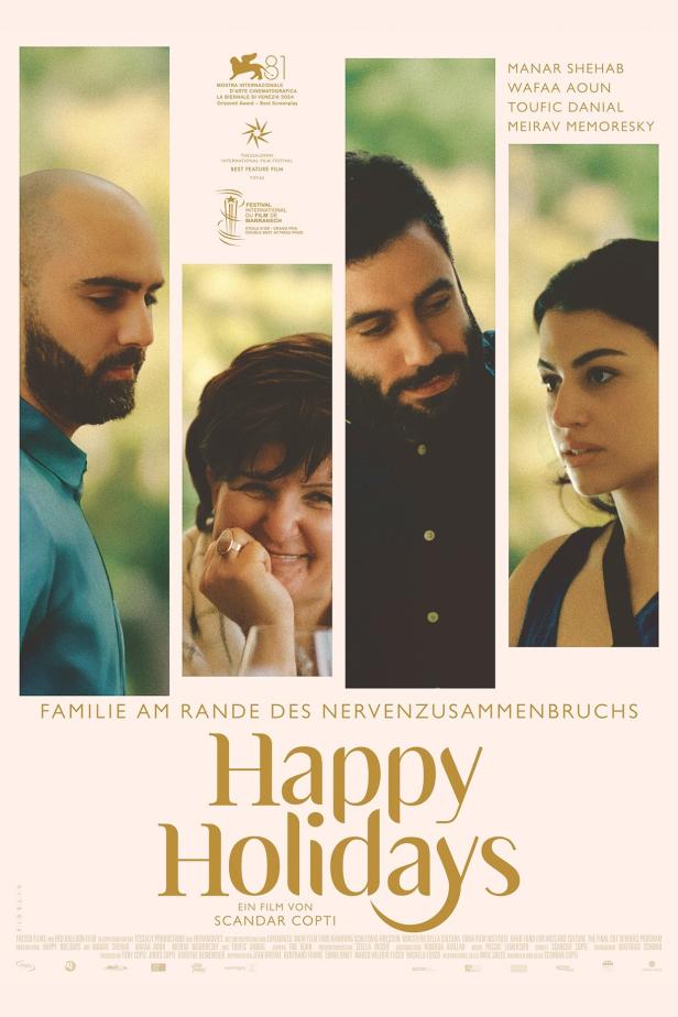 Das Filmplakat für „Happy Holidays“ zeigt vier Personen vor einem beigen Hintergrund.