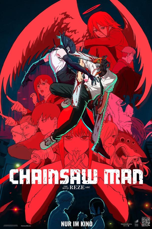 Das Filmplakat für „Chainsaw Man: The Movie – Reze Arc“ zeigt verschiedene Charaktere in roter Farbgebung.