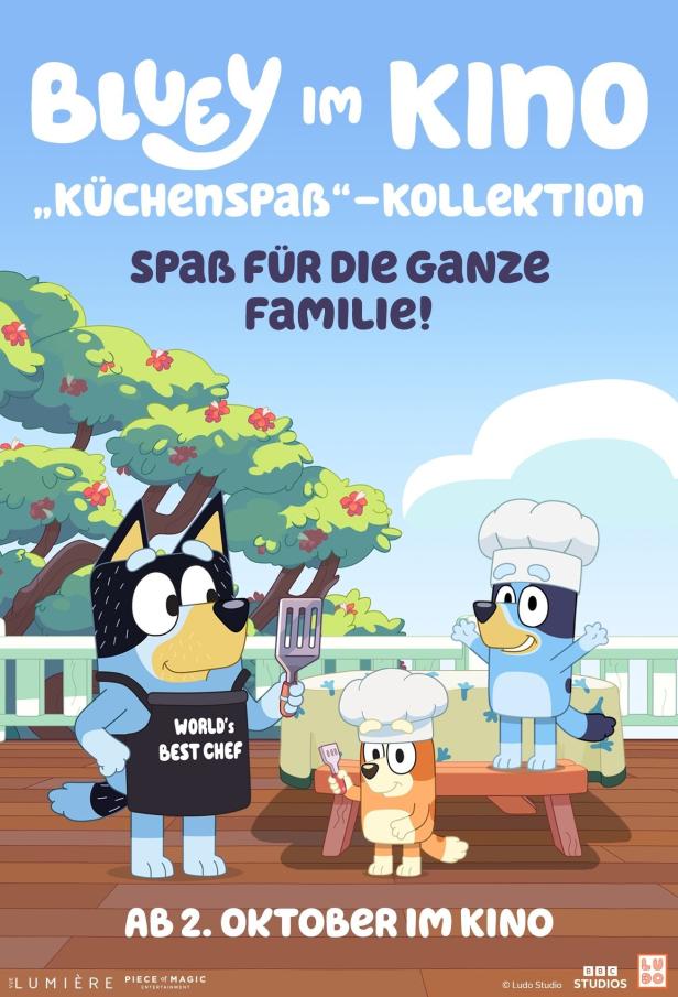 Szene aus „Bluey im Kino“ mit Bluey, Bingo und Bandit als Köche.