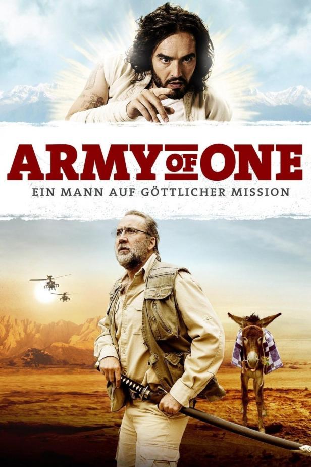 Das Filmplakat für „Army of One“ zeigt Nicolas Cage mit einem Esel und Russell Brand als eine Art Messias.