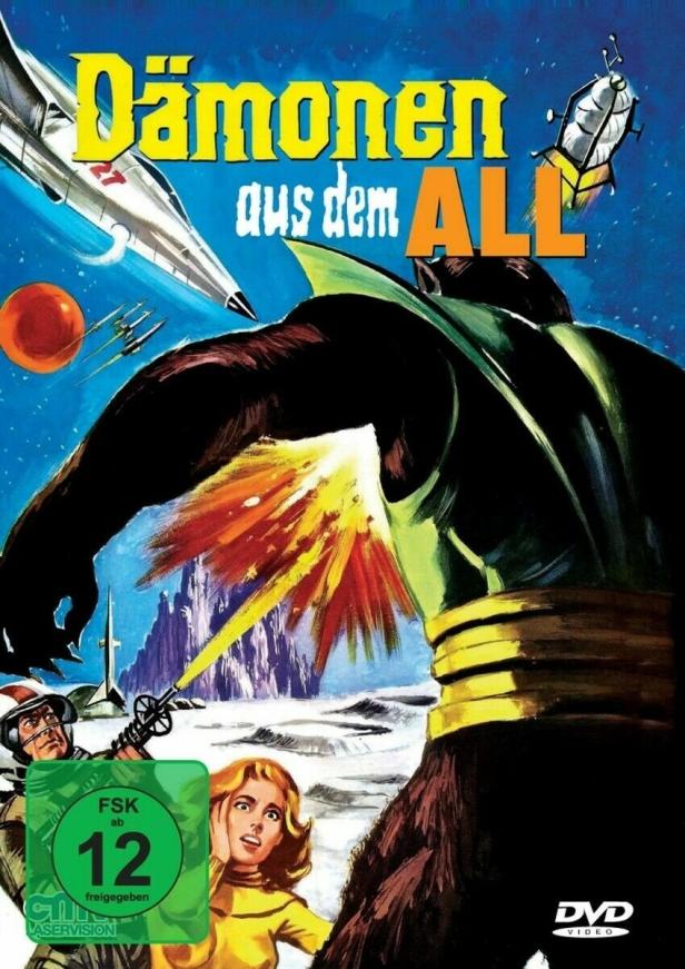 Das Filmplakat für „Dämonen aus dem All“ zeigt Raumschiffe, einen Riesen und zwei Menschen.