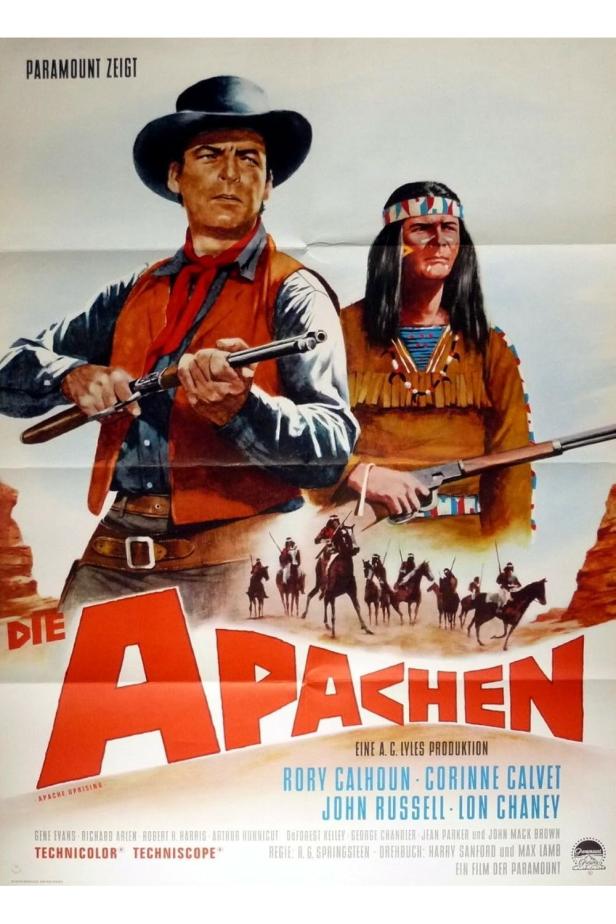 Das Filmplakat für „Die Apachen“ zeigt einen Cowboy und einen Indianer mit Gewehren.