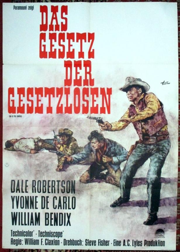 Ein Cowboy zielt mit einer Pistole auf zwei Männer am Boden, Filmposter „Das Gesetz der Gesetzlosen“.