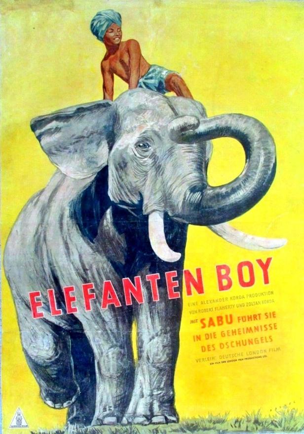 Ein Junge reitet auf einem Elefanten auf dem Filmplakat zu „Elefanten Boy“ mit Sabu.
