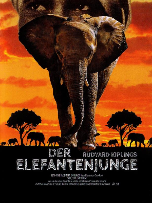 Filmplakat für „Der Elefantenjunge“ mit einem Elefanten und dem Gesicht eines Mannes vor einem orangefarbenen Himmel.