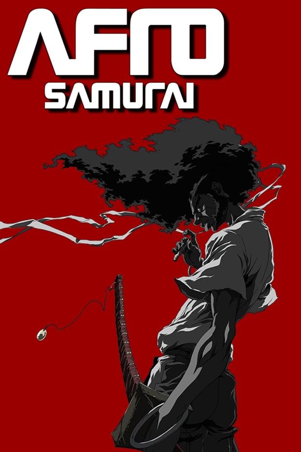 Ein stilisierter Afro-Samurai mit Schwert auf rotem Grund.
