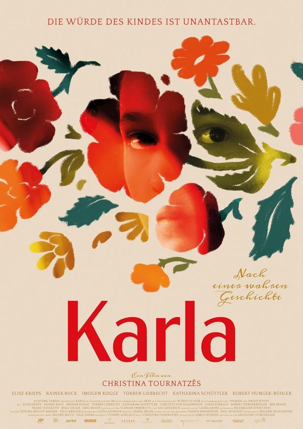 Das Filmplakat für „Karla“ zeigt stilisierte Blumen und das Gesicht eines Mädchens.