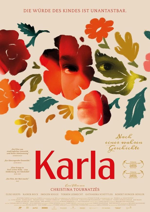 Das Filmplakat zu „Karla“ zeigt ein Gesicht inmitten stilisierter Blumen.