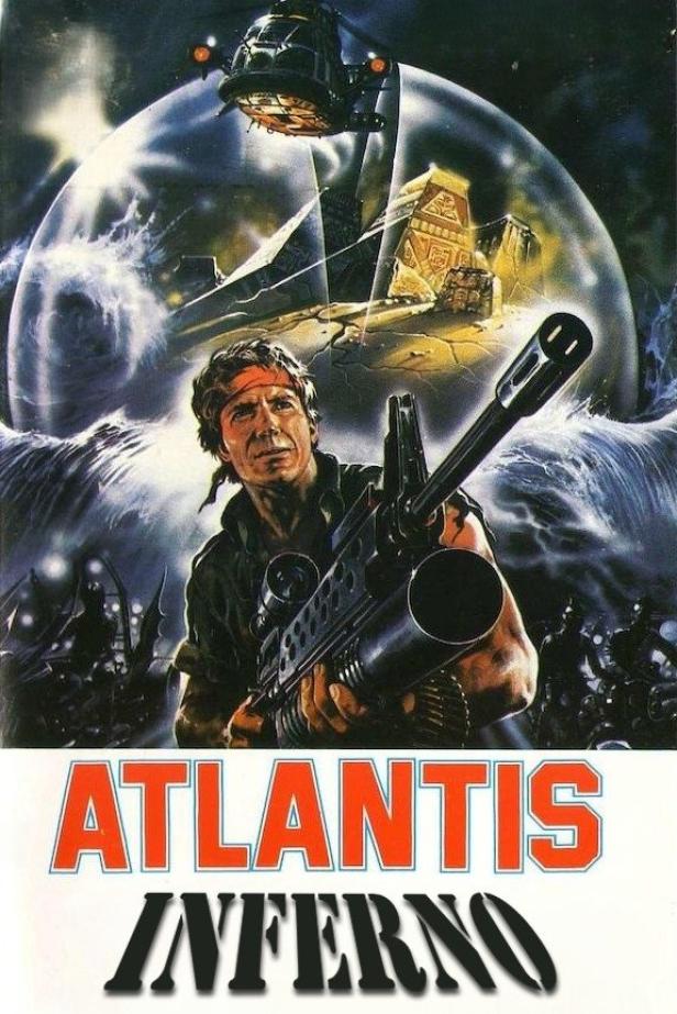 Ein Mann mit Gewehr vor einer Unterwasserkuppel mit Atlantis und einem Hubschrauber im Hintergrund.