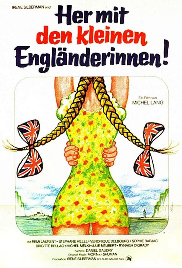 Das Filmplakat zu „Her mit den kleinen Engländerinnen!“ zeigt ein Mädchen mit Union-Jack-Schleifen.