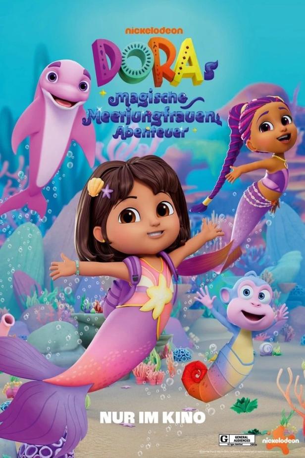 Das Filmplakat für „Dora's magische Meerjungfrauen-Abenteuer“ zeigt Dora und ihre Freunde als Meerjungfrauen unter Wasser.