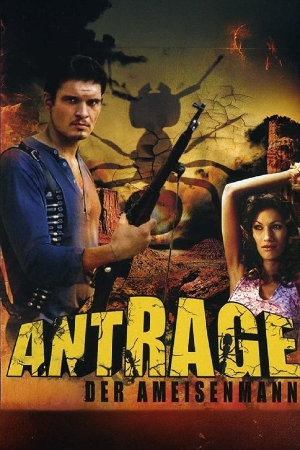 Ein Mann mit Gewehr und eine gefesselte Frau auf dem Filmplakat zu „Antrage: Der Ameisenmann“.