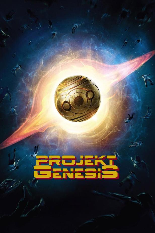 Das Poster für „Projekt Genesis“ zeigt eine goldene Kugel und Menschen, die im Weltraum schweben.