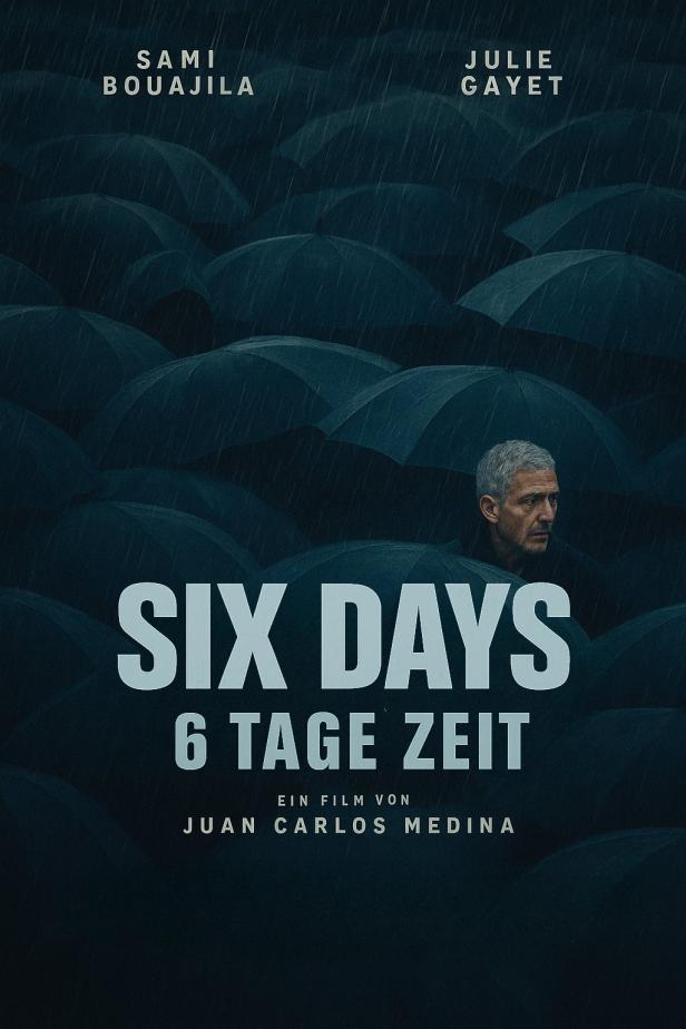 Das Filmplakat für „Six Days / 6 Tage Zeit“ zeigt Sami Bouajila und Julie Gayet unter Regenschirmen.