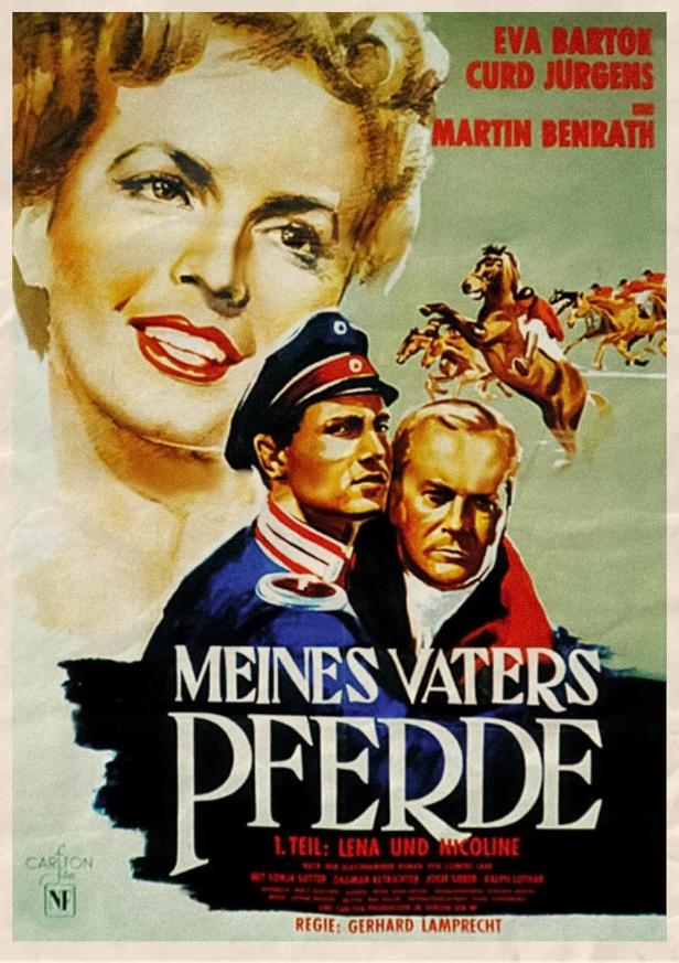 Das Filmplakat für „Meines Vaters Pferde“ mit Eva Bartok, Curd Jürgens und Martin Benrath.