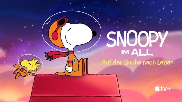 Snoopy und Woodstock als Astronauten im Weltraum auf der Suche nach Leben.