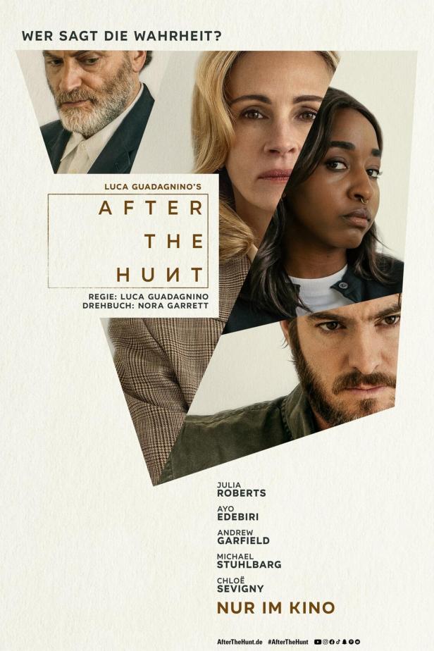 Das Filmplakat für Luca Guadagninos „After the Hunt“ zeigt die Gesichter der Hauptdarsteller.