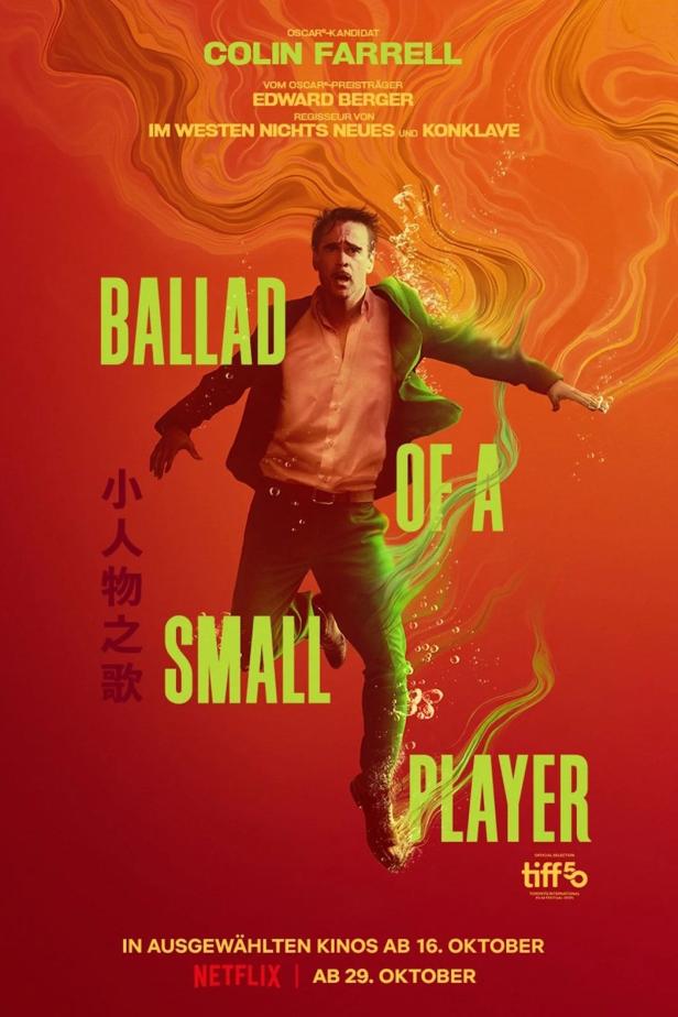 Das Filmplakat für „Ballad of a Small Player“ mit Colin Farrell in der Hauptrolle.