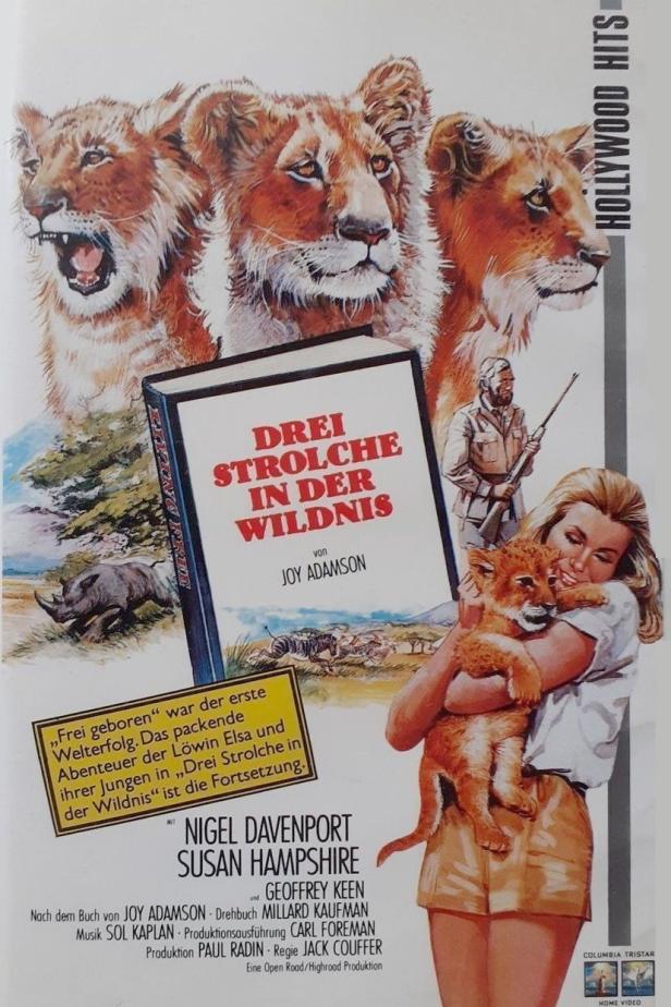 Das Filmplakat zu „Drei Strolche in der Wildnis“ zeigt Löwen, eine Frau mit einem Löwenbaby und einen Jäger.