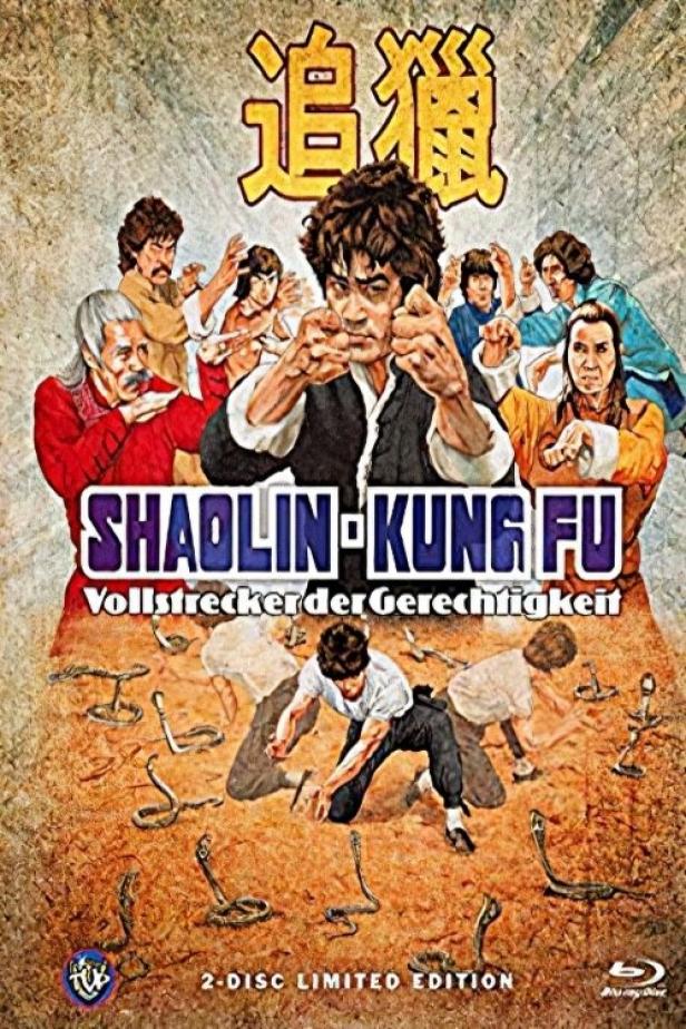Das Cover des Films „Shaolin Kung Fu – Vollstrecker der Gerechtigkeit“ zeigt Kampfsportler und Schlangen.
