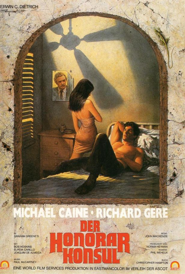 Das Filmplakat für „Der Honorarkonsul“ zeigt Michael Caine und Richard Gere in einer dramatischen Szene.