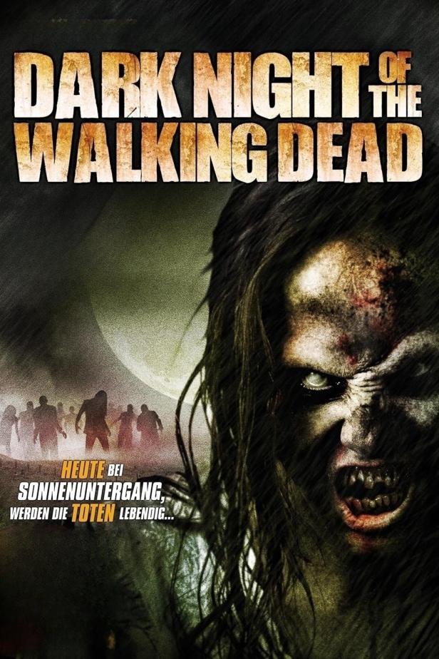Das Filmplakat für „Dark Night of the Walking Dead“ zeigt einen Zombie und eine Gruppe von Zombies im Hintergrund.