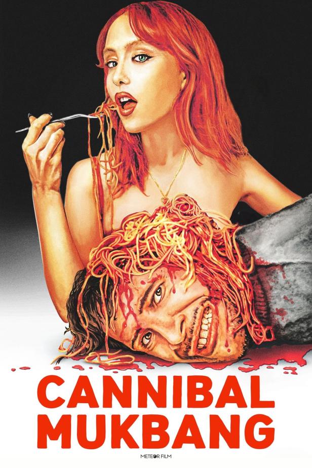 Eine Frau isst Spaghetti von einem Mann, der mit Spaghetti bedeckt ist, Titel „Cannibal Mukbang“.