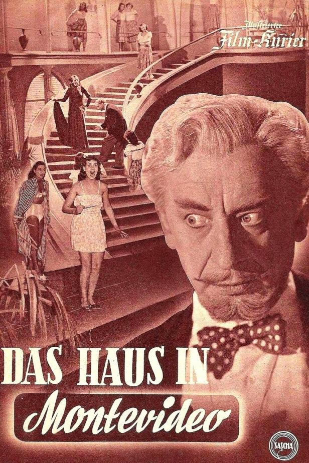 Das Filmplakat für „Das Haus in Montevideo“ zeigt eine Treppe mit mehreren Personen und einen Mann im Vordergrund.