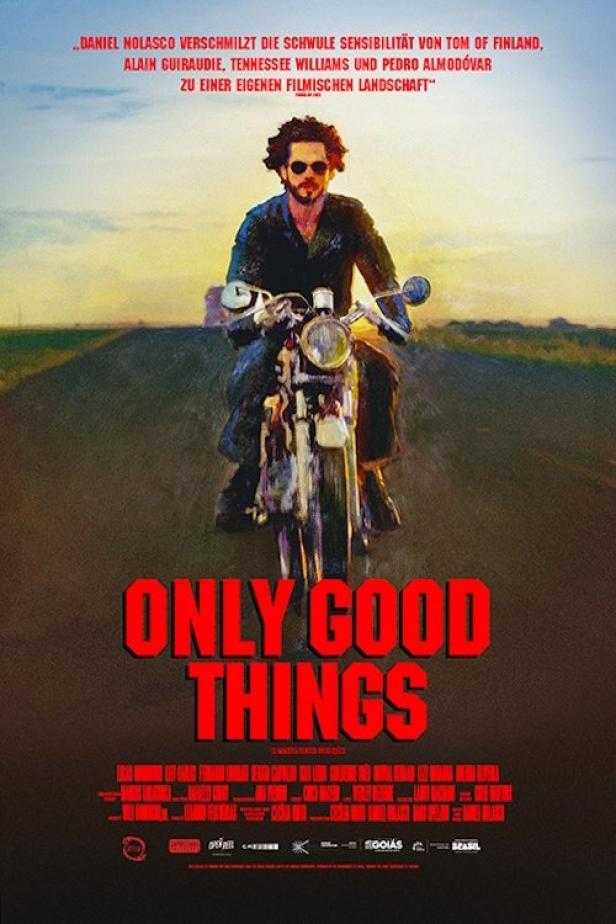 Ein Mann fährt auf einem Motorrad auf dem Filmplakat zu „Only Good Things“.