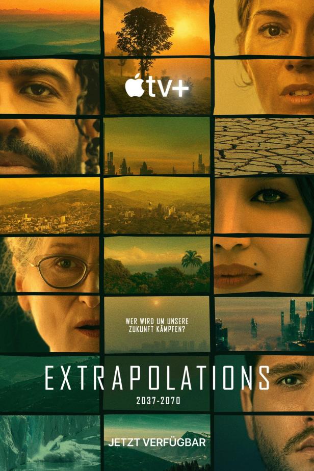 Das Poster für die Apple TV+ Serie „Extrapolations“ zeigt verschiedene Gesichter und Landschaften.