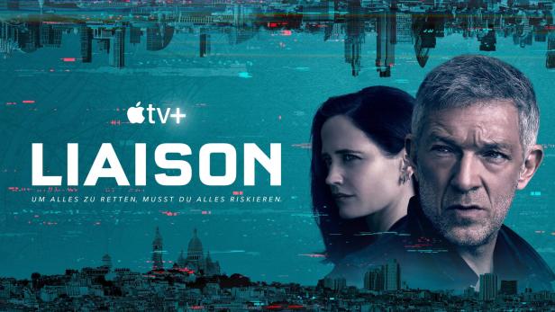 Das Filmplakat für „Liaison“ mit Eva Green und Vincent Cassel vor einer Skyline.