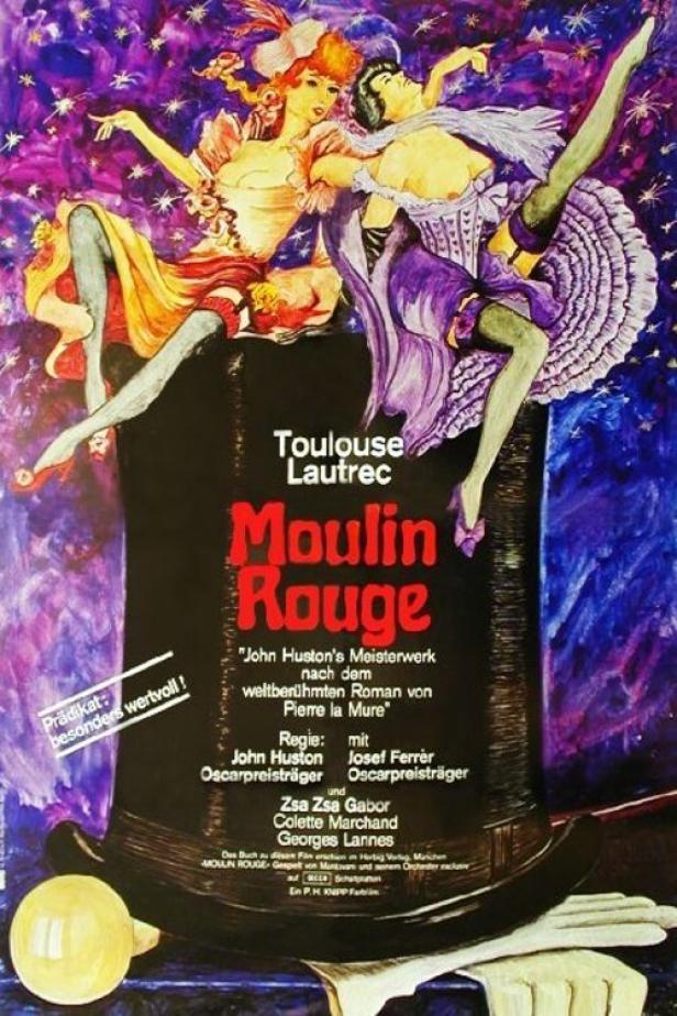 Das Filmplakat für „Moulin Rouge“ zeigt zwei Tänzerinnen auf einem Zylinder vor einem Sternenhimmel.