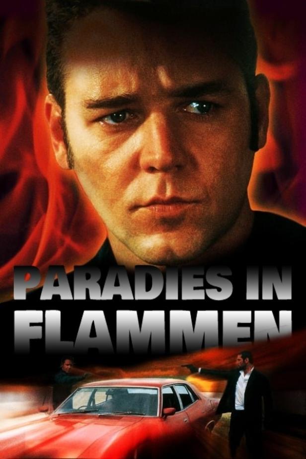 Das Filmplakat für „Paradies in Flammen“ zeigt Russell Crowe vor einem roten Auto und Männern mit Waffen.