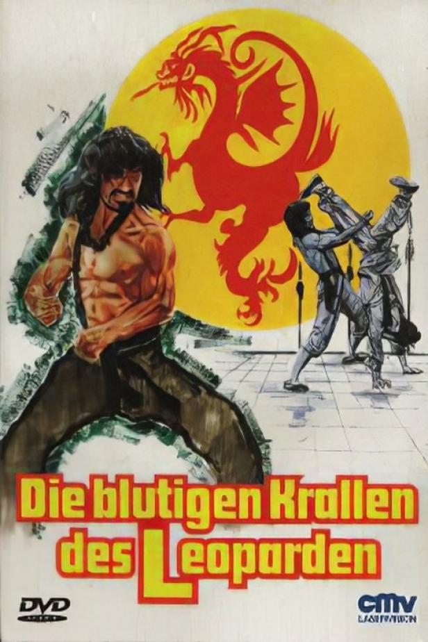 Das Cover des Films „Die blutigen Krallen des Leoparden“ zeigt einen muskulösen Mann und zwei Kämpfer vor einem Drachen.