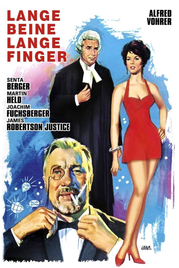 Das Filmplakat zu „Lange Beine, lange Finger“ mit Senta Berger, Martin Held und Joachim Fuchsberger.